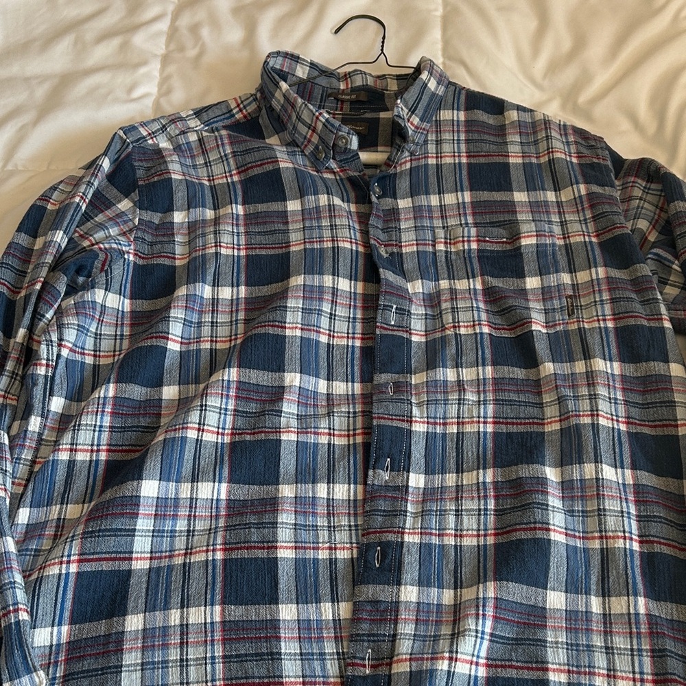 Eddie Bauer Navy and White Plaid Button Down Shirt
